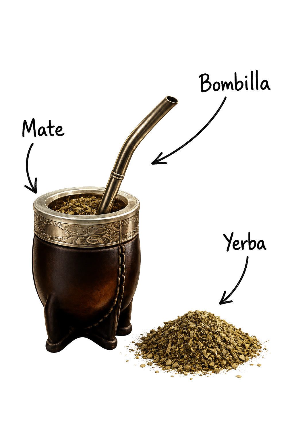Yerba mate with bombilla straw and yerba herb, labelled